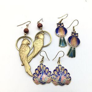 Lot Bird Earrings Cloisonne Enamel Gold Tone Peacock  Parrot Whimsical Catbird